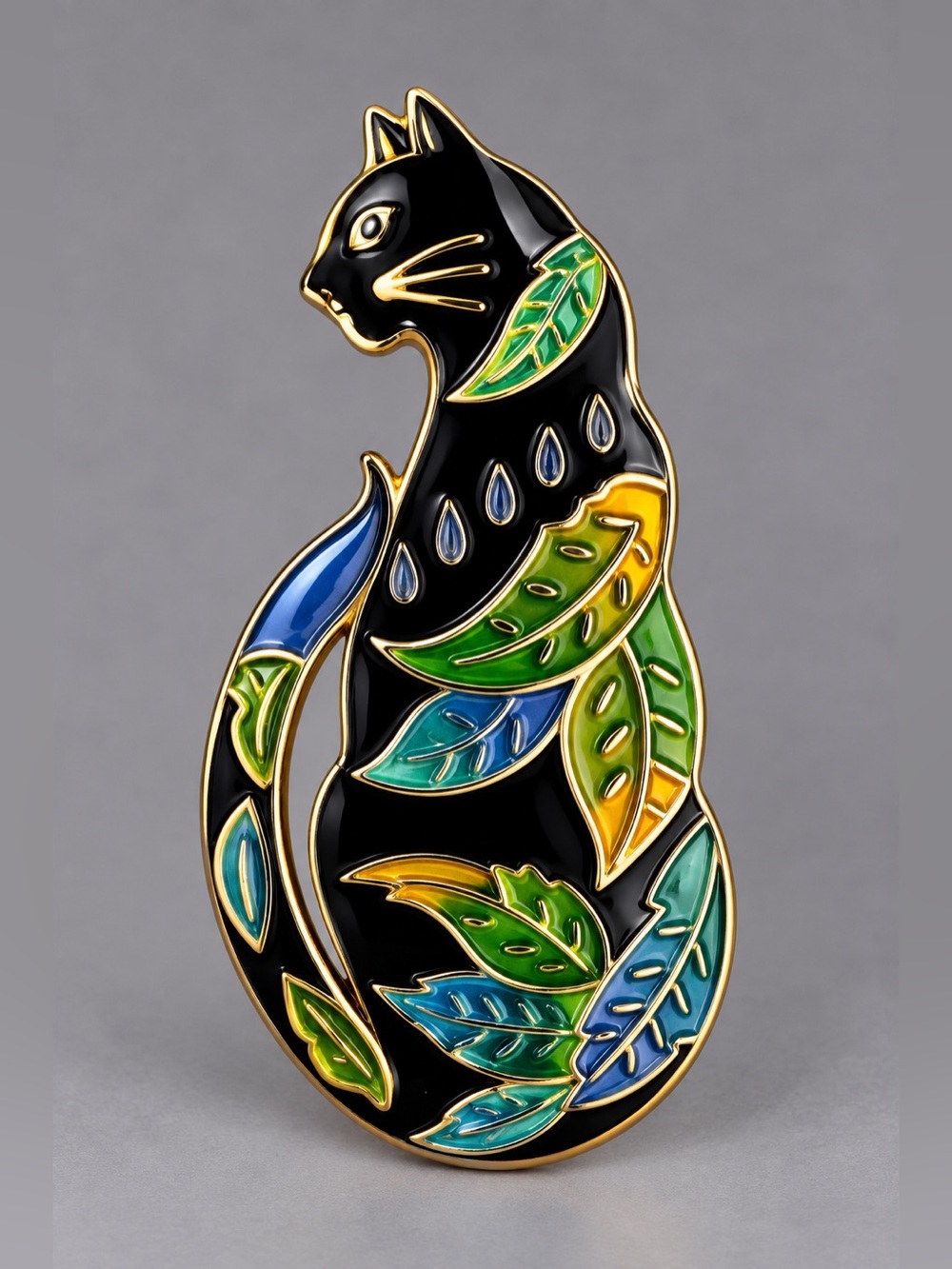 Enamel Black Cat Pin Brooch with Multicolor Leaf Accents